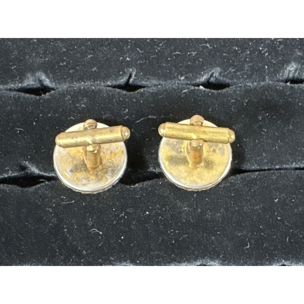 Vintage Mother of Pearl Sphinx Carved Cufflinks Gold Tone Round Mythological